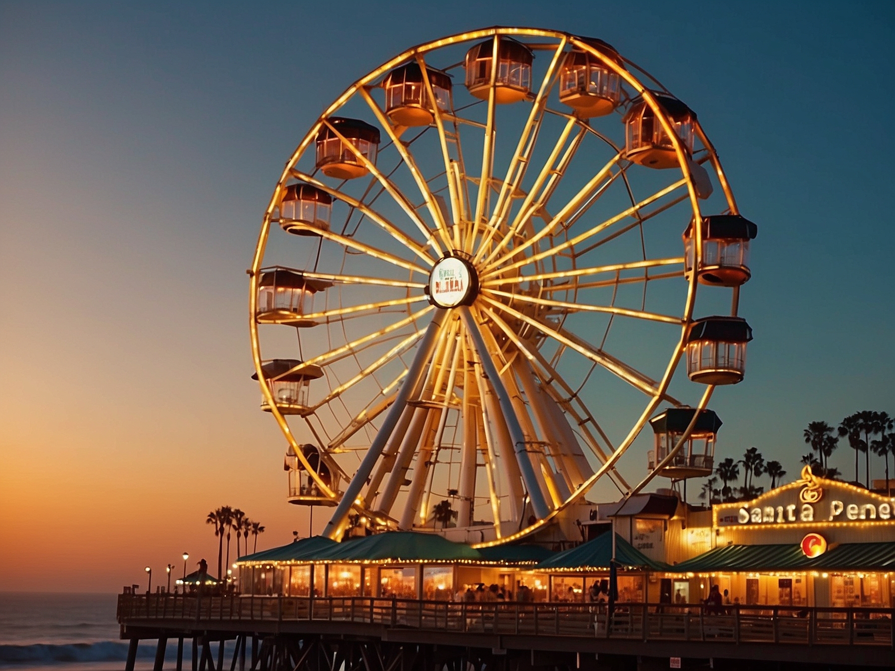 Santa Monica Pier with Ferris wheel at sunset Los Angeles
