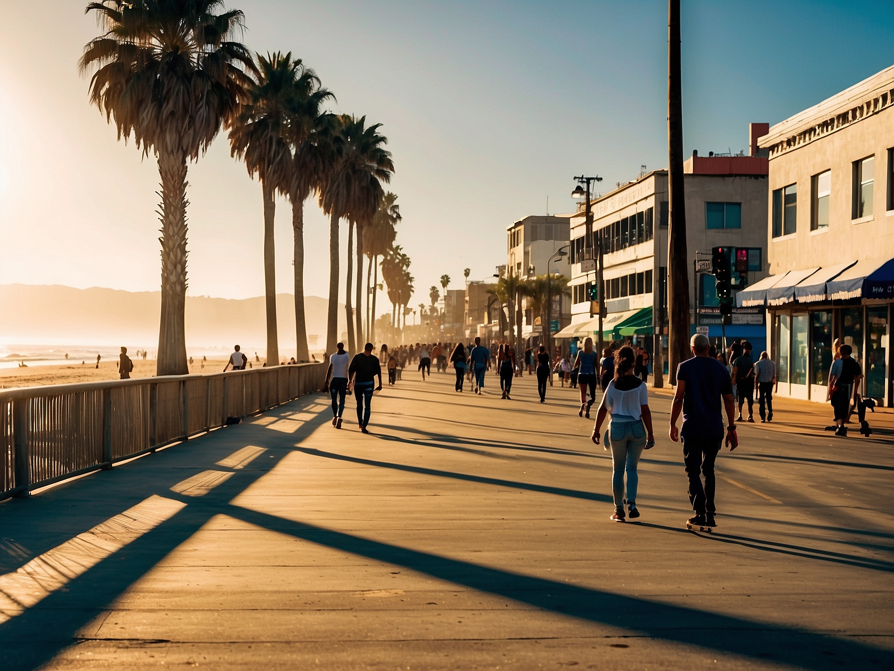 Venice Beach boardwalk with palm trees and ocean in Los Angeles