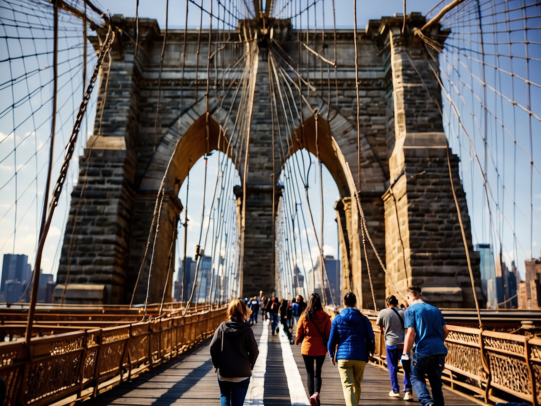 Visitors experiencing Brooklyn Bridge walk NYC in New York City