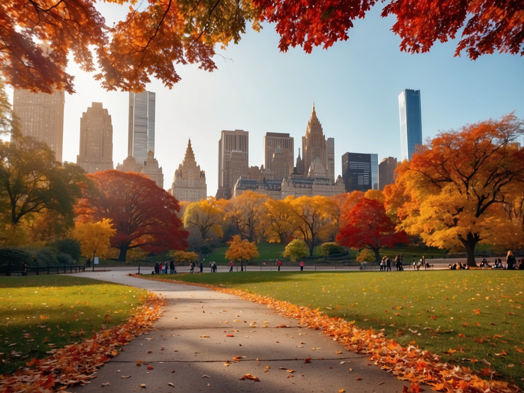 Central Park in autumn with fall foliage and city skyline