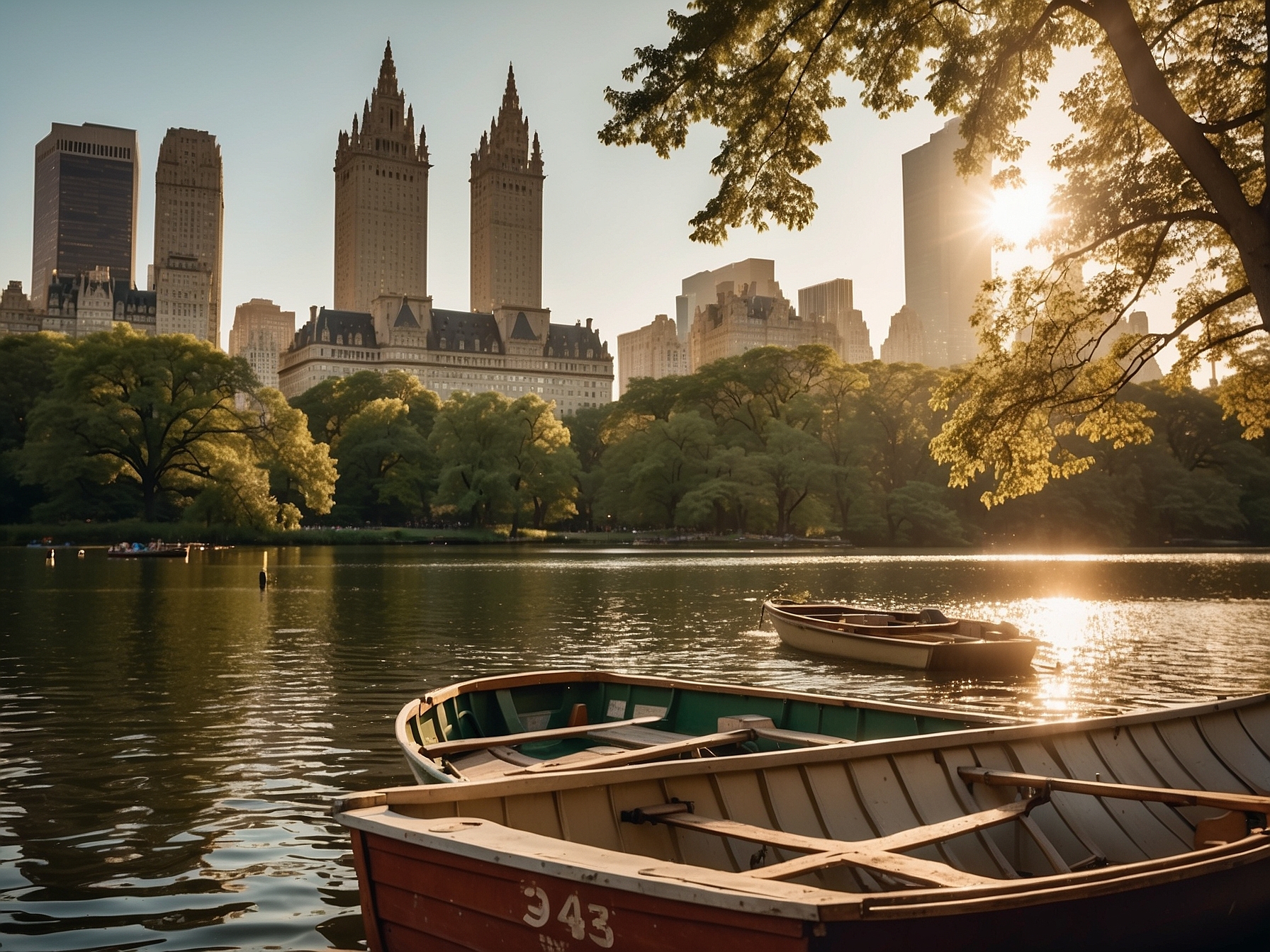 Rowboats on the Central Park Lake with skyline in background