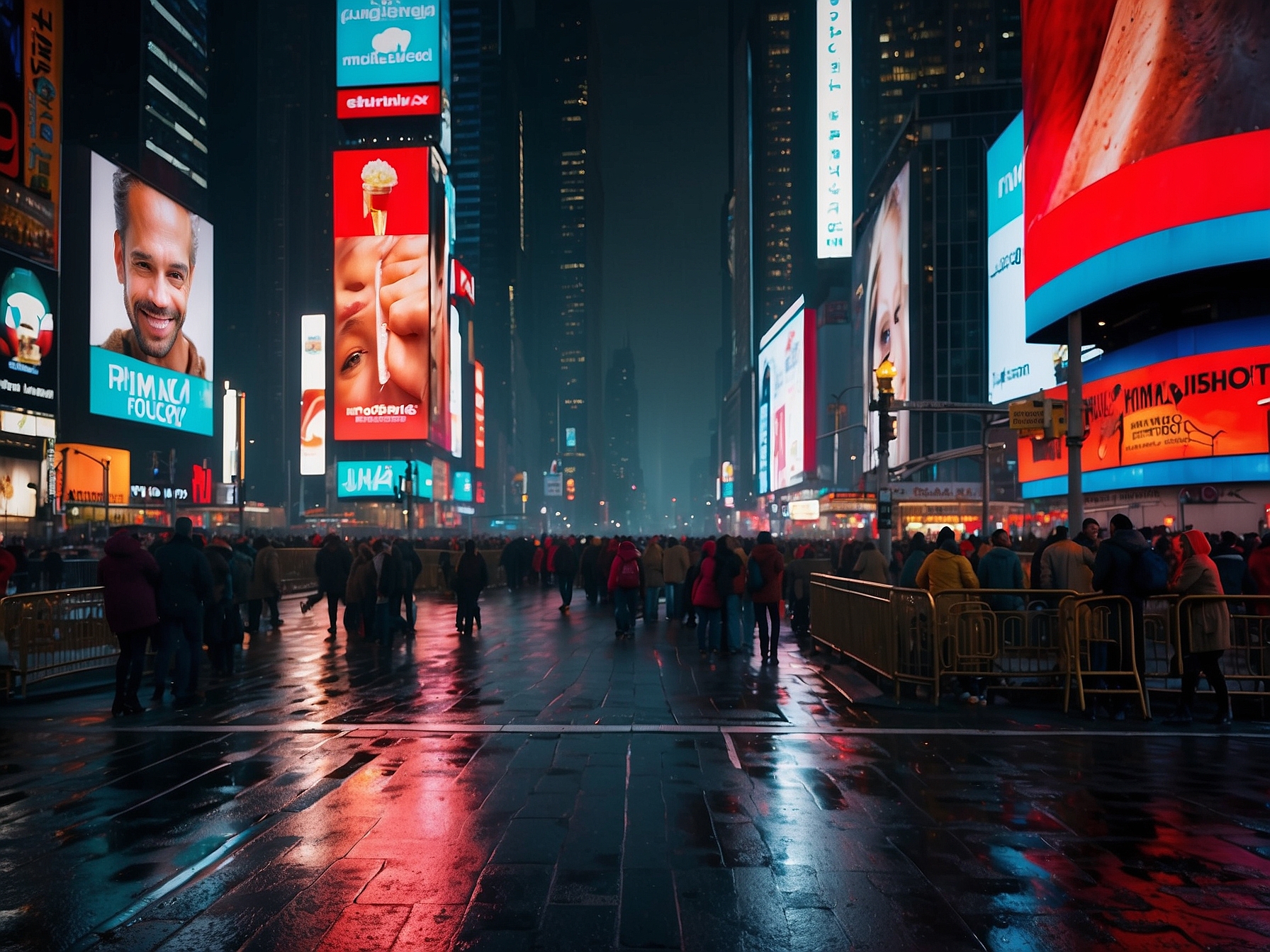 Times Square at night with bright billboards and crowds