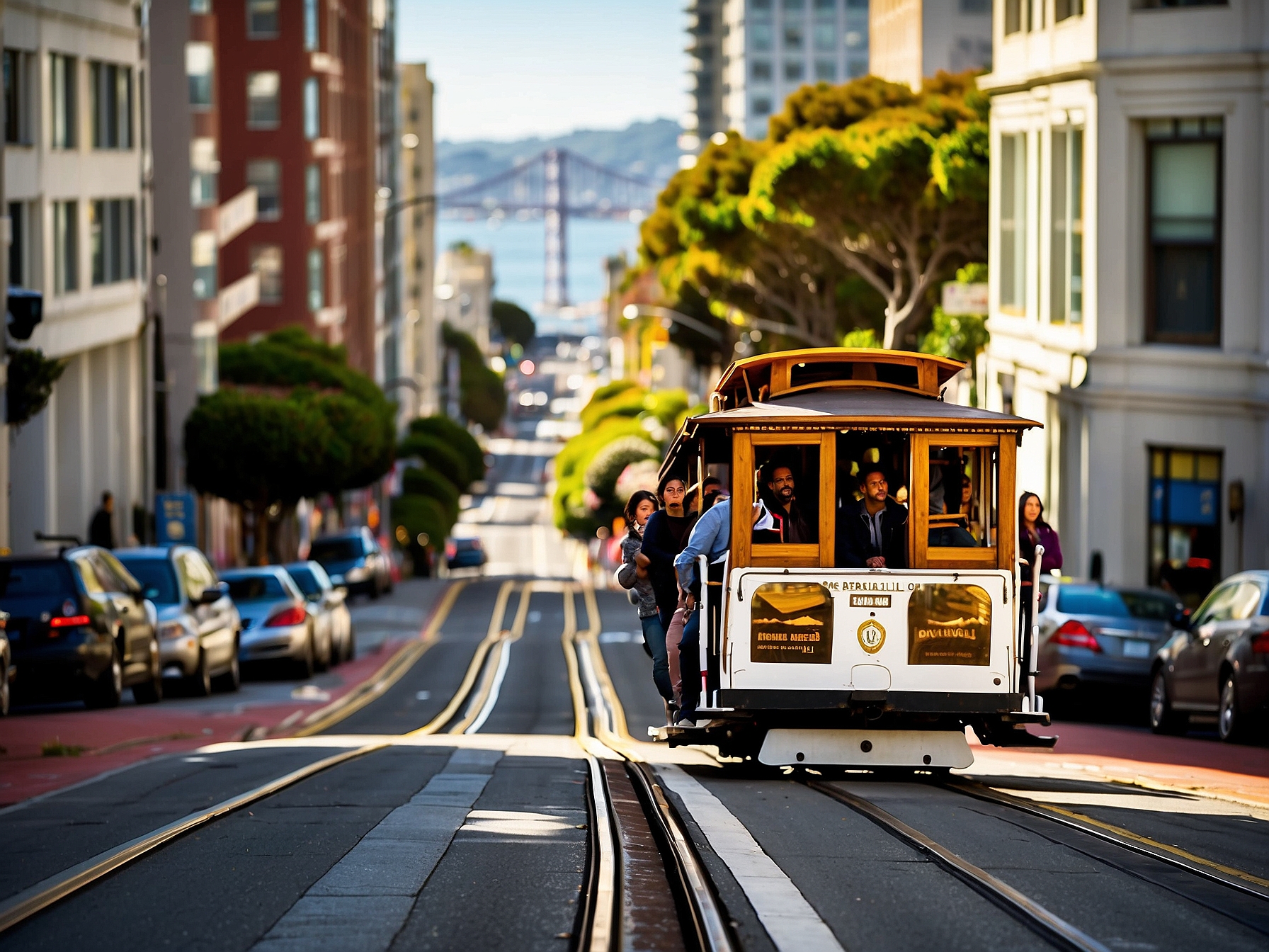San Francisco cable car on Powell Street hill with city view
