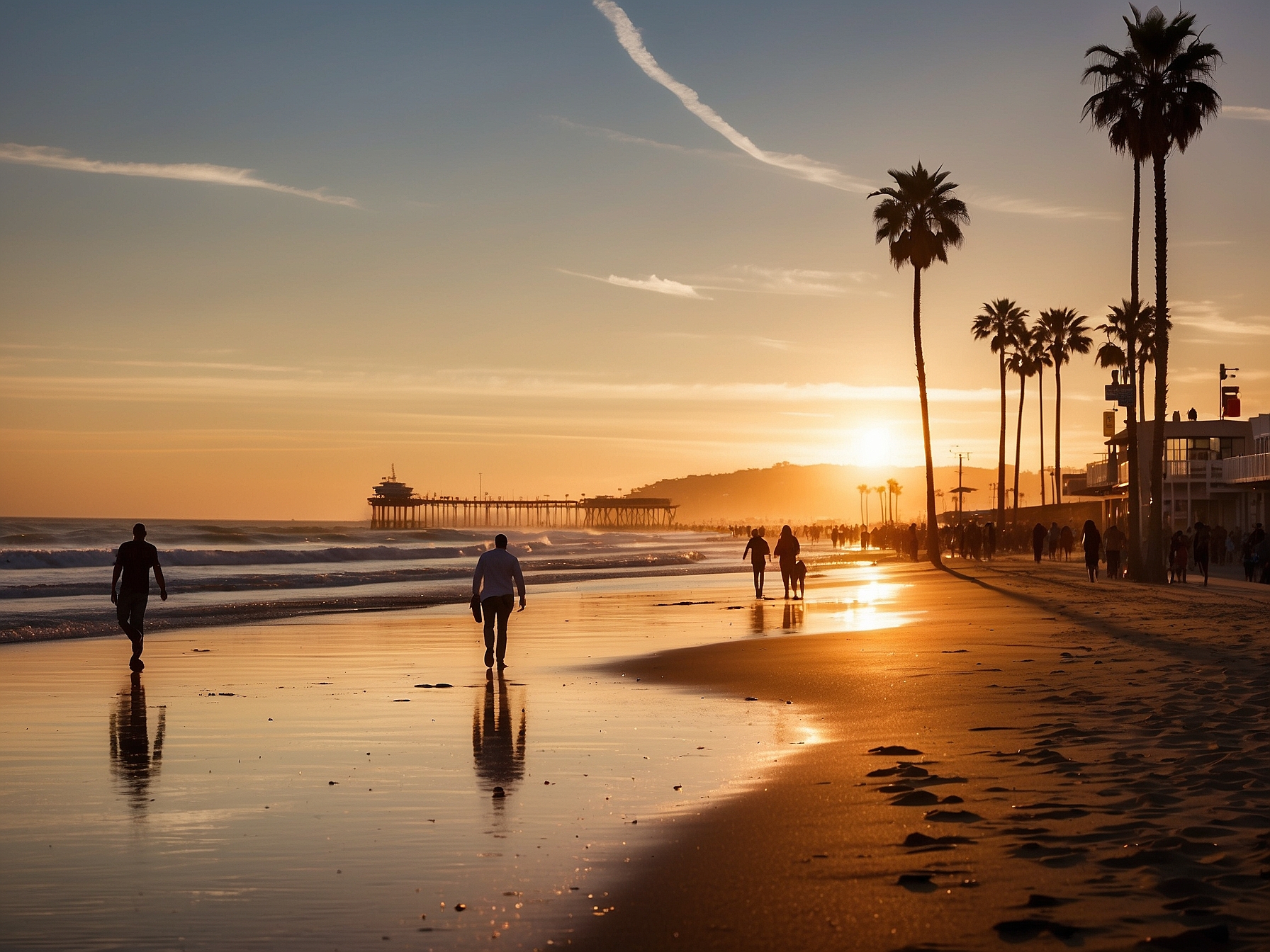 Pacific Ocean beach at sunset at the end of a cross-country road trip