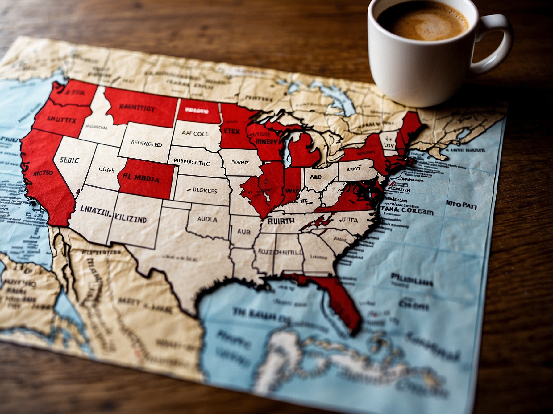 Paper map of the USA with cross-country route marked in red