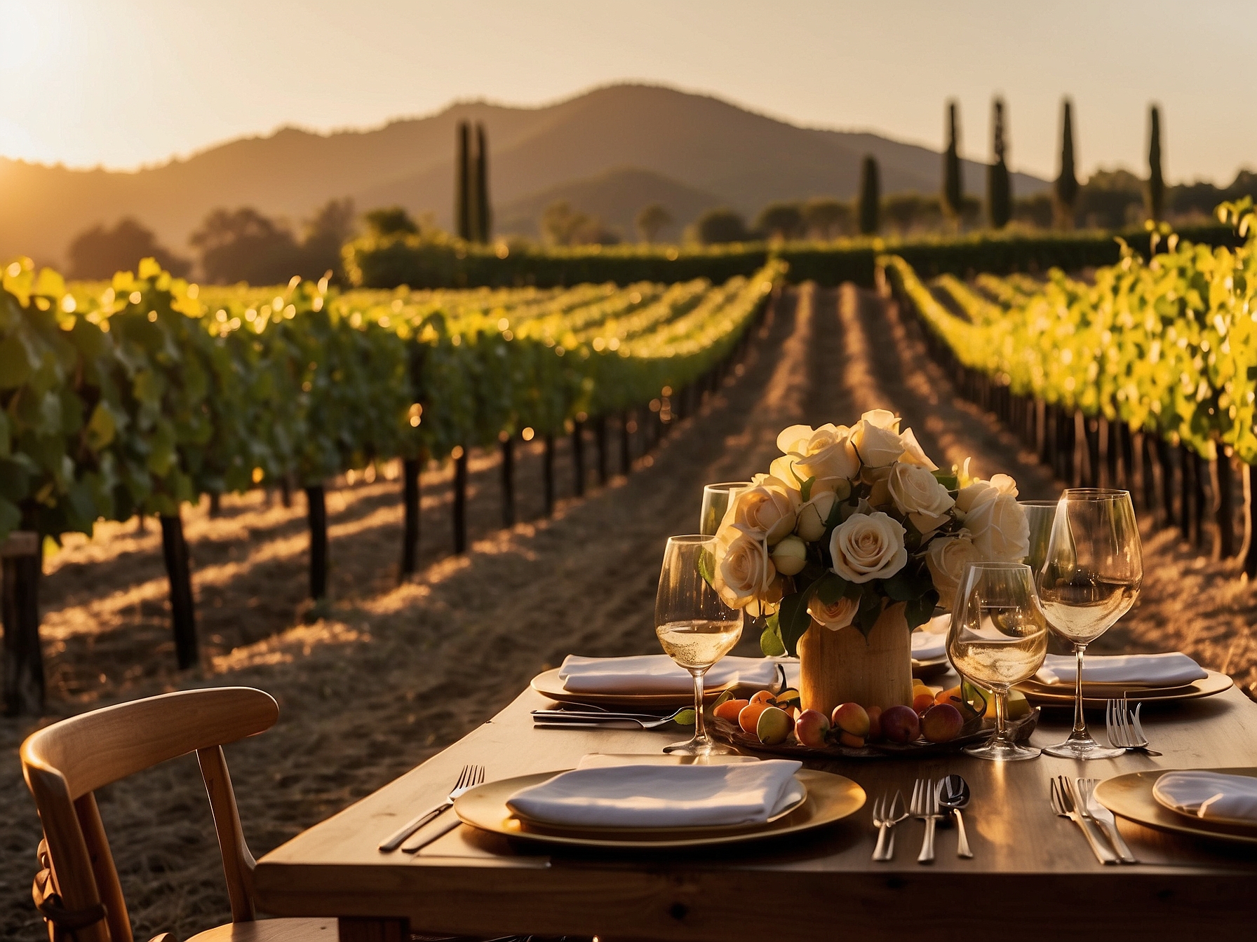 Romantic honeymoon dinner at a Napa Valley vineyard restaurant