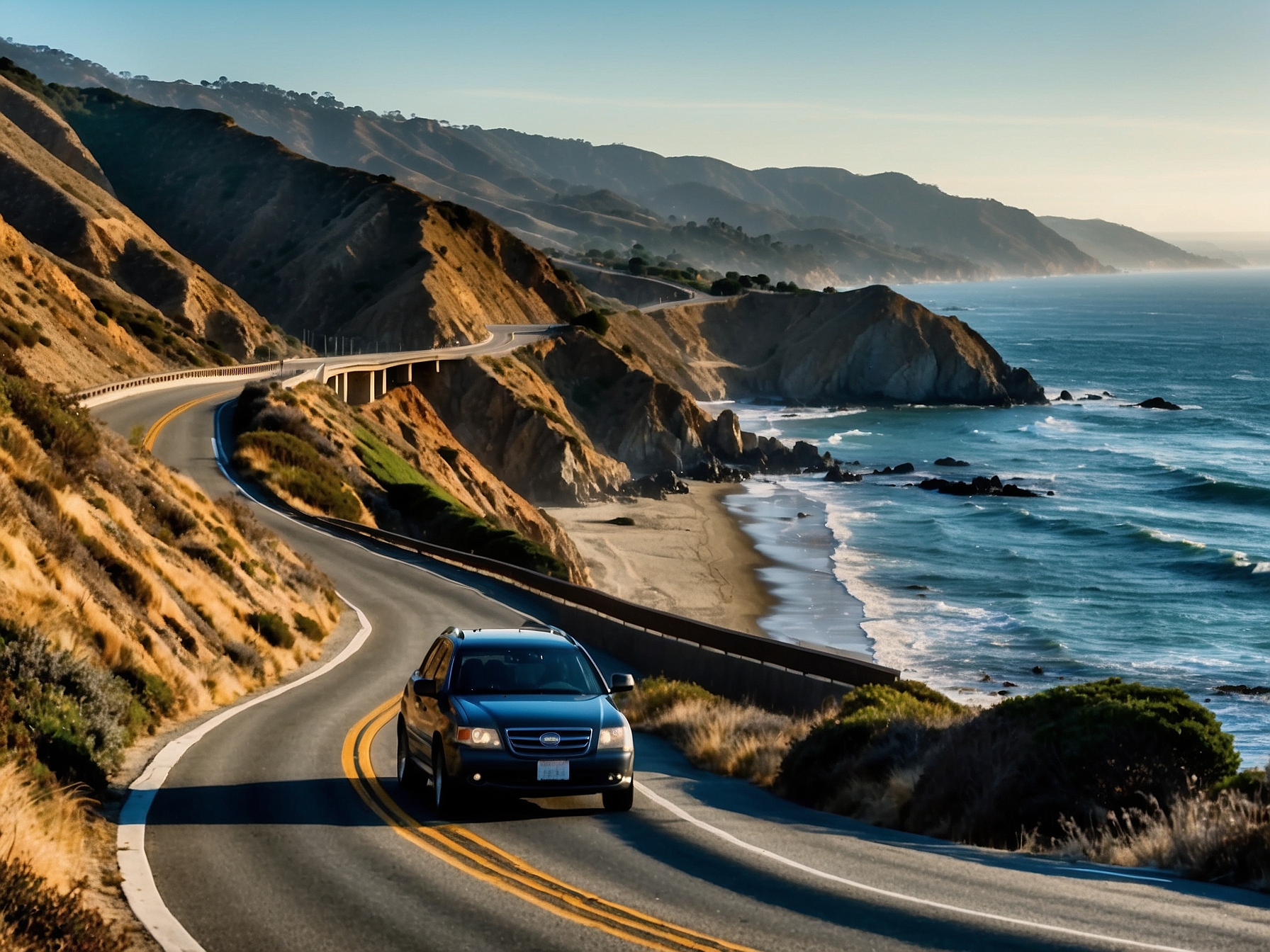 Car driving along Pacific Coast Highway with ocean views