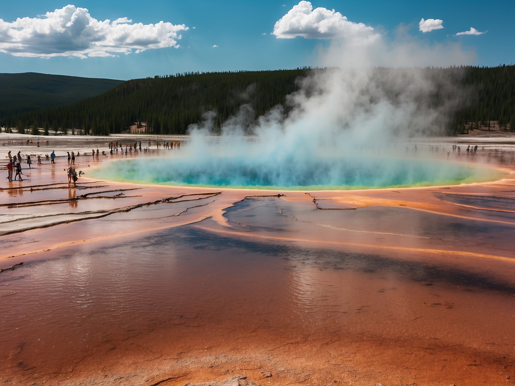 Scene at Grand Prismatic Spring Yellowstone in Yellowstone